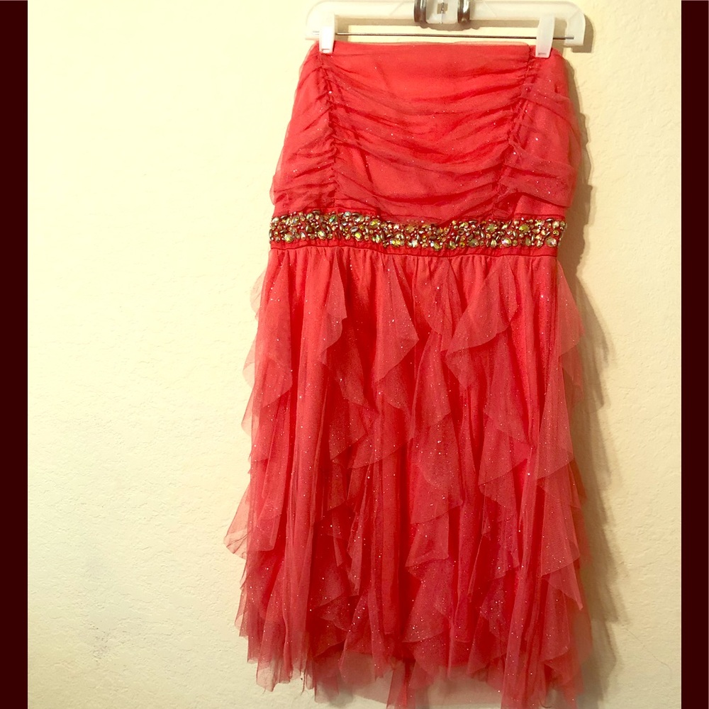 Strapless coral ruffle sparkle dress